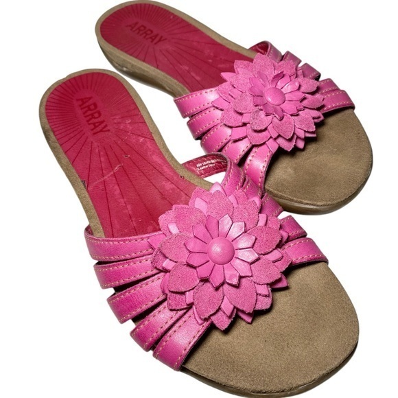 Array Maui Pink Leather Flower Strappy Slide Sandals - Picture 1 of 8